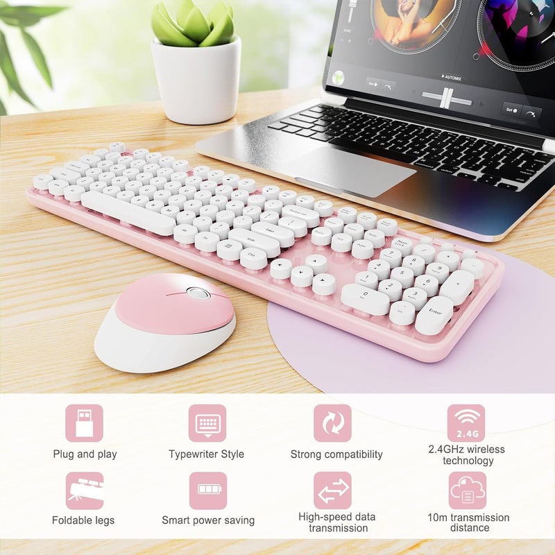 SkyGive Wireless Keyboard and Mouse Combo, Ergonomic Full Size Typewriter Retro Round Keycaps Keyboard, Compatible with Windows, PC, Perfer for Home and Office Keyboards (Lovely Pink) - Image 3